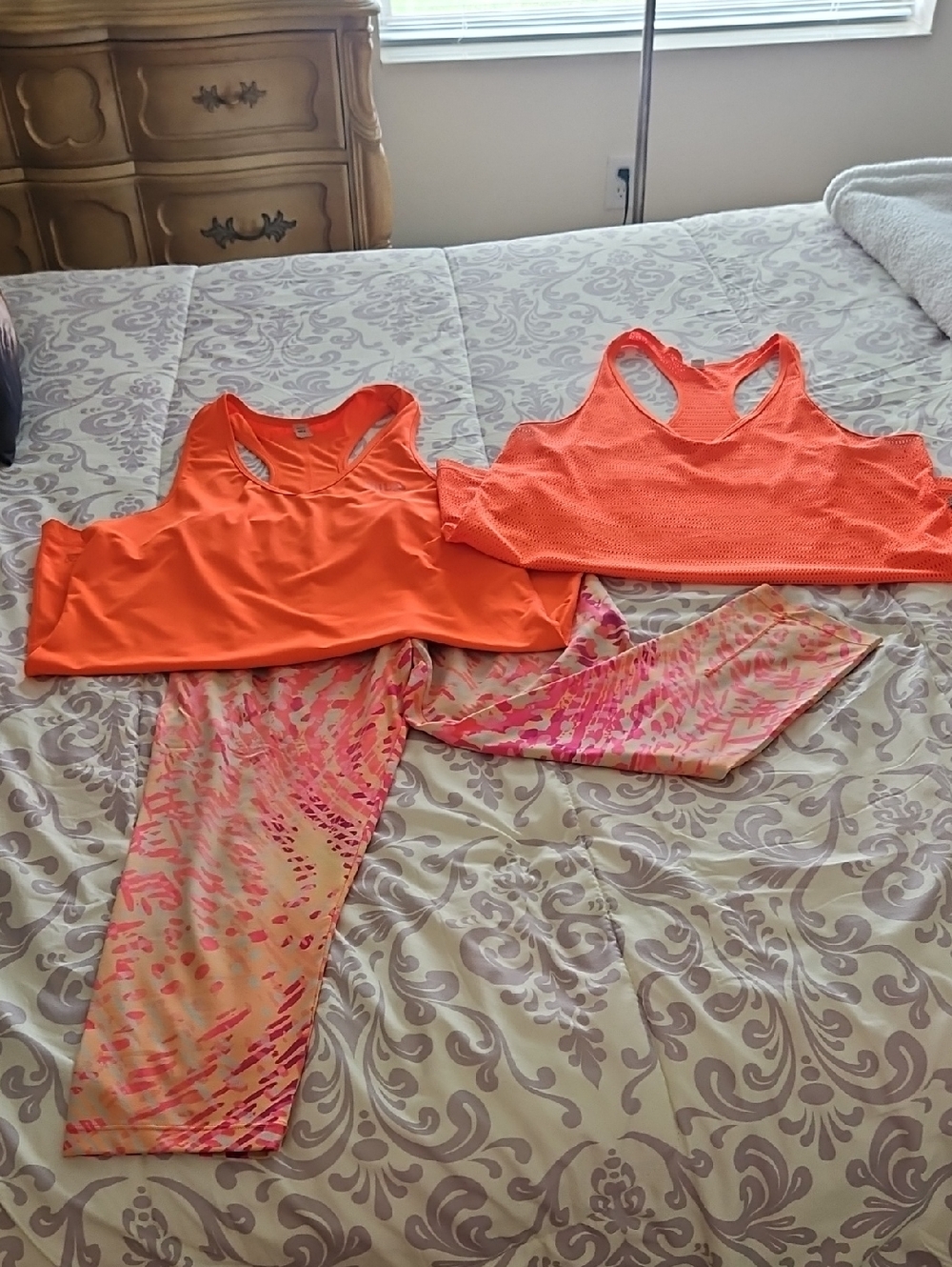 Neon Orange Racerback Sports Top & Pink-Accented Leggings Set